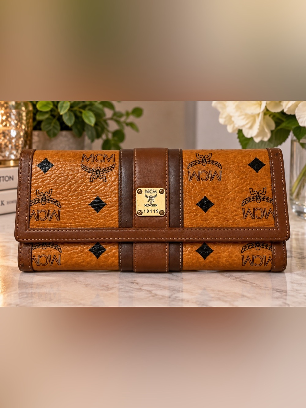 MCM Brown Cognac Logo Continental Wallet with Gold Plaque